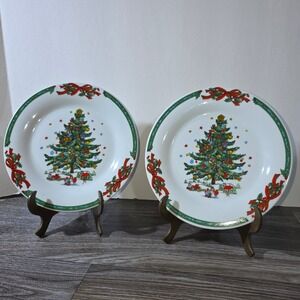 Christmas in the Park Porcelain Side Plates‎ Set of 2 Holiday Tree Ribbon Design